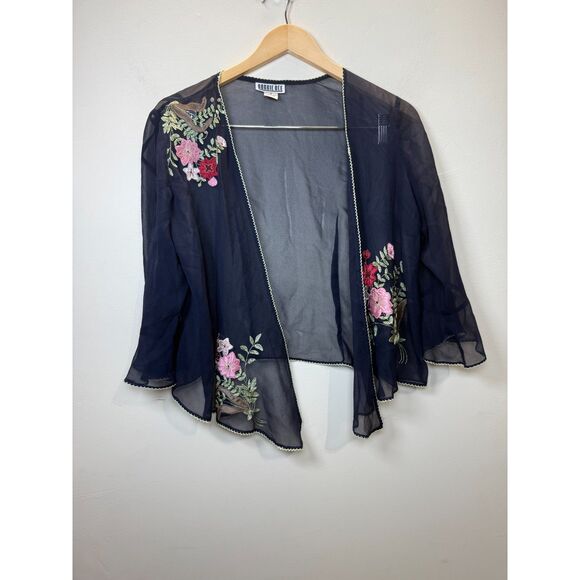 Robbie Bee Women's Size 8 Blue Silk Cropped Blouse Top Y2K Embroidered - Picture 4 of 9